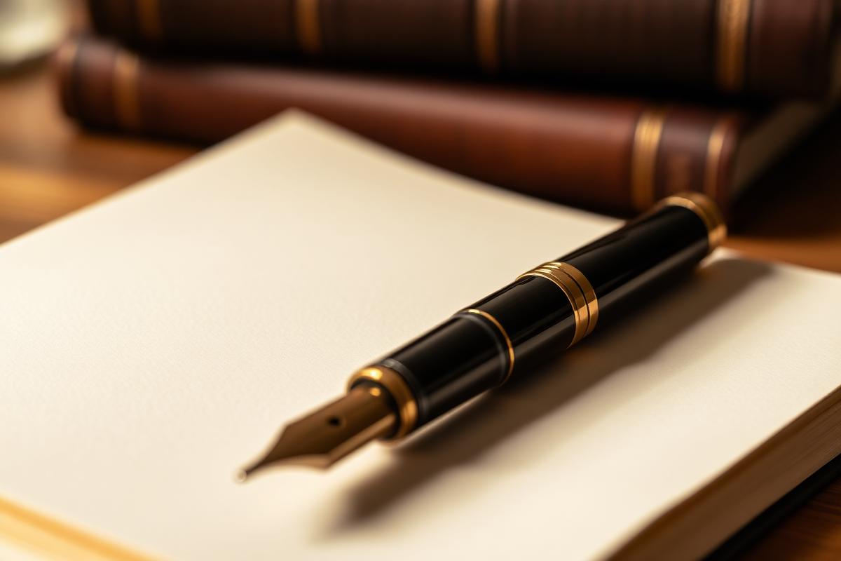 The Walton studio — a detailed view of a fountain pen and leather-bound reference books